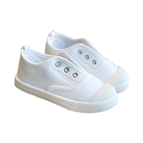 Image of Kids Flat Canvas Shoes Toddler Boys Girls Lace-up Pumps Plimsolls with Toe Non Slip Trainers Soft Sole Sports Shoes School Gym Sneakers (White, 10.5 Little Child)