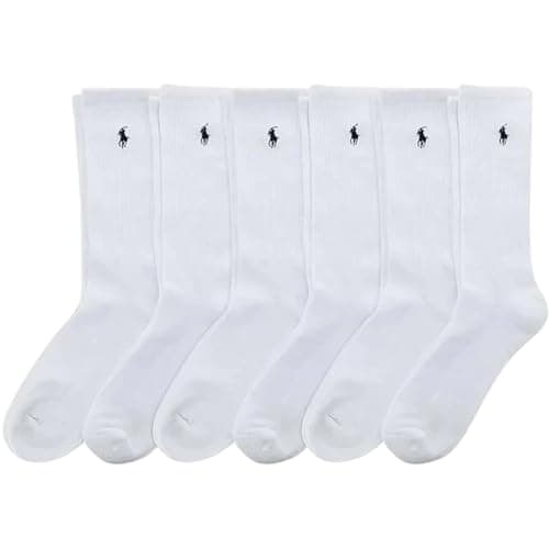 Image of POLO RALPH LAUREN Men's Classic Sport Ribbed Crew Socks, 6 Pack Pair, White w/Navy Blue Pony Logo, Half Cushioned Sole, Size 10-13 / Shoe 6-12.5, Recycled Polyester/Spandex, ZP821005PK6N-WHNAV