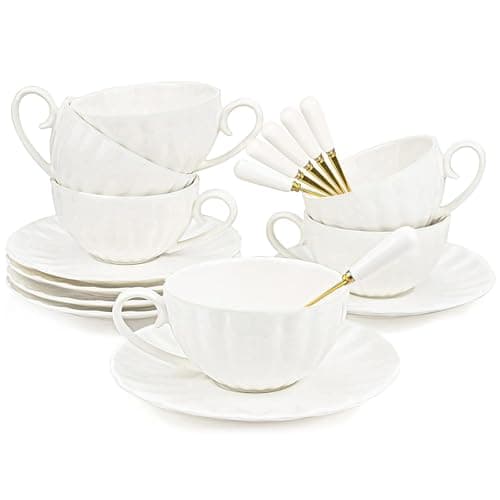 Image of Yesland Set of 6 Royal Tea Cups and Saucers, 180ml White Porcelain Tea Set & British Coffee Cups, Latte Cups and Espresso Mug for Specia