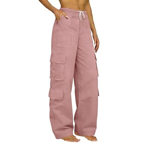 Image of Womens Elasticated Waist Cargo Work Trousers High Waist Combat Trousers with Multiple Pockets Cargo Pants Drawstring Baggy Wide Leg Trousers Drawstring Casual Pants Ladies Jogging Pants S-3Xl Pink