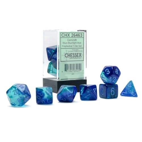 Image of Chessex Gemini Luminary Dice Set 7 Polyhedral Dice Blue with Light Blue