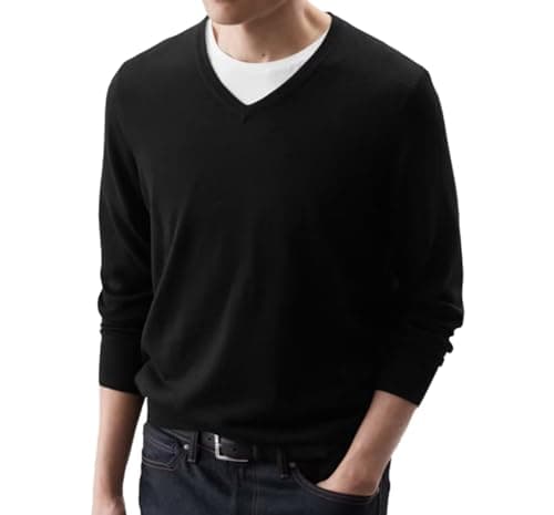 Image of MATINEE Mens Fine Knitted Luxury Supersoft Cashmere-Like Crew Neck/V Neck/Zip Neck Sweaters, Fine 12 Gauge Knit Structure (UK, Alpha, M, Regular, Regular, Black 2, V Neck)