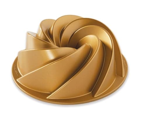 Image of Nordic Ware Heritage 6 Cup Bundt Pan, Swirl Cast Aluminium Bundt Tin, Bundt Cake Tin with Elegant Pattern, Premium Cake Mould Made in The USA, Colour: Gold 90077