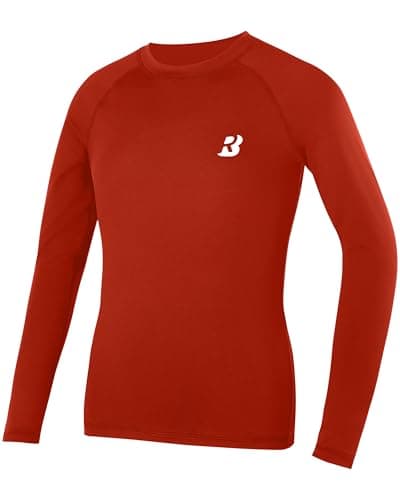 Image of Roadbox Boys Long Sleeve Compression Shirt, Kids Base Layer, Quick Dry, Breathable Sports Top for PE, Football Red