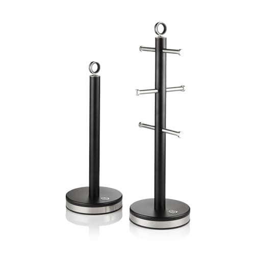 Image of Swan Serenity Kitchen Towel Pole and 6 Cup Mug Tree Set with Smooth Matte Finish, Stainless Steel Accents and Non-Slip Bases, Black