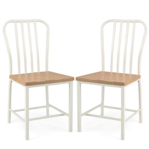 Image of GiantexUK Dining Chairs Set of 2/4, Metal Frame Kitchen Chairs with Spindle Backrest, Footrests & Non-Slip Foot Pads, Breakfast Side Chairs Seating for Home Dining Room Office (2, White + Natural)