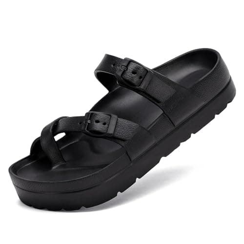 Image of Waysoland Women's Platform Sandals with Arch Support Comfortable Slides Thick Soles Flat Sandals With Adjustable Buckle & Ultra Cushion(Black,3 UK)