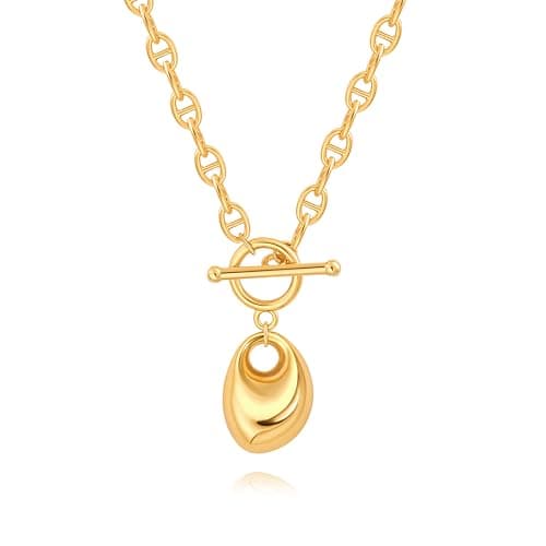 Image of KOOUNUATA Statement 18k Gold Teardrop Trendy Toggle for Women Pebble Pendant Mariner Chain