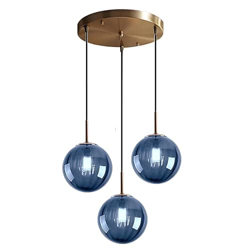 Image of LFsem 3 Lights Pendant Lighting Fixture with 15cm Glass Globe Lampshades, E14 Gold Metal Fittings, Height Adjustable Ceiling Pendant Light for Dining Room Over The Table and Kitchen Island (Blue)