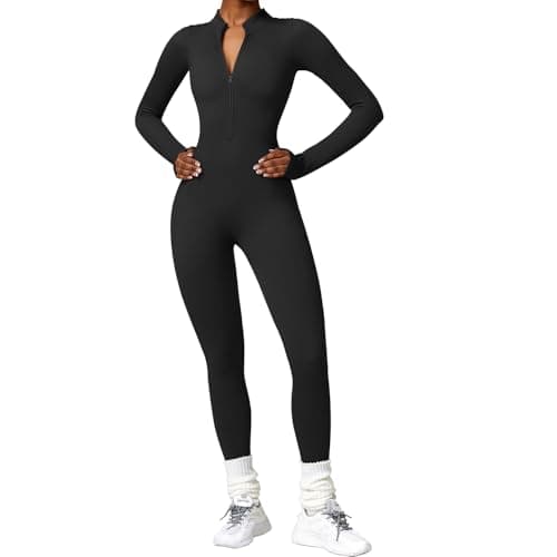 Image of JN JANPRINT Ribbed Jumpsuit for Women Yoga Unitard Long Sleeve Sport Romper Zip Up V Neck Gym Playsuits Bodycon All In One Jumpsuits(Black,S)