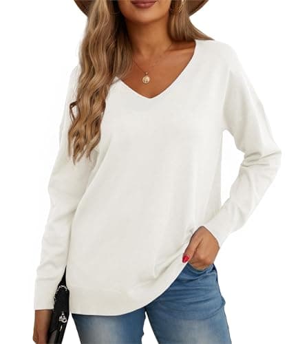Image of GRECERELLE Women's Casual Jumpers Sweatshirt Ladies Classic Plain Pullover Knit V Neck Long Sleeve Jumper Tops Blouse T-Shirt for Winter Fall Spring (White, XL)