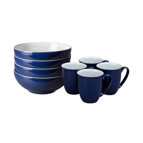 Image of Denby - Elements Coffee Mug & Cereal Bowl 8 Piece Set - Dark Blue Dishwasher & Microwave Safe Stoneware - 4 x 330ml Tea Cups & Cereal Bowls for Soup - Ceramic, Chip Resistant for Everyday Use
