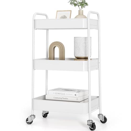 Image of KINGRACK 3 Tier Metal Storage Trolley on Wheels, Beauty Book Craft Tea Art Trolley for Home Bathroom Kitchen Laundry, No screws needed Easy Rolling Utility Cart Mobile Storage Shelving Organizer