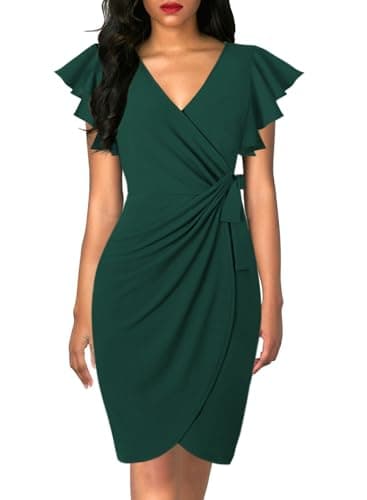 Image of MISSJOY Womens Casual Ruffle Sleeves V Neck Pleated Dresses for Office Work Party Wrap Around Dress Dark Green X-Large Dark Green X-Large