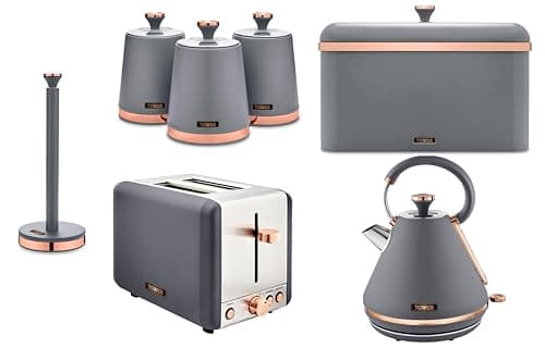Image of Tower Cavaletto Grey 1.7L 3KW Pyramid Kettle, 2 Slice Toaster, Bread Bin, Canisters & Kitchen Roll Holder. Contemporary Matching Kitchen Set of 7 in Matte Grey Finish with Rose Gold Accents