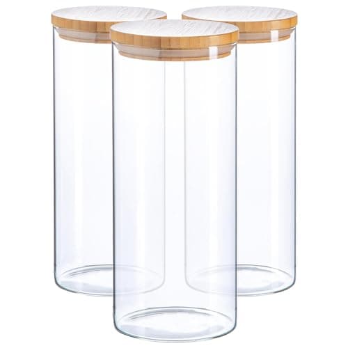 Image of Argon Tableware Scandi Storage Jars with Wooden Lids - 1500ml - 3 Pack - Modern Round Organisation Container Glass Jar for Kitchens, Pantry, Bathrooms, Utility Rooms