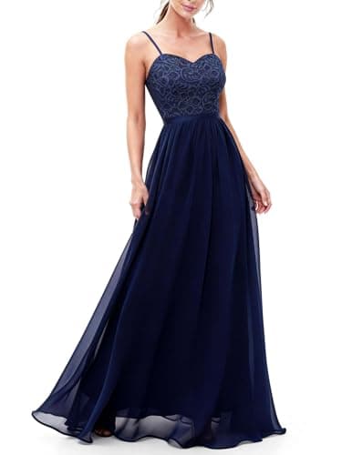 Image of DRESSTELLS Lace Chiffon Wedding Dresses for Women UK, Spaghetti Strap Maxi Formal Elegant Bridesmaid Evening Prom Cocktail Party Ladies Dress Navy XL