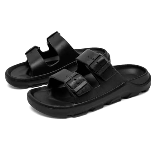 Image of Leeypang Mens Black Sandals with Double Buckle Strap, EVA Sliders for Men, Shower Beach Pool Shoes Slippers, Outdoor & Indoor Use