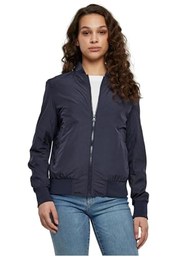Image of URBAN CLASSICS Women's Light Bomber Jacket with Ribbed Cuffs, Lightweight Flight Jacket for Mid-Season Weather, Longsleeve Jacket with Zipper & Pockets, Colour: Navy, Size: Large