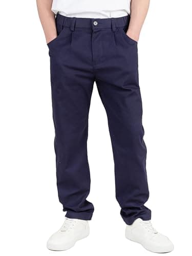Image of CAMLAKEE Boys School Trousers Kids Chino Pants Straight Uniform Pull on Soft Bottoms Elastic Waist with Zip and Button Closure Navy UK 13-14 Years Label Size 170