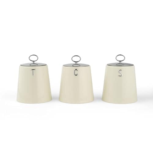 Image of Salter Retro Cream 3-Piece Canister Set– Tea, Coffee & Sugar Canisters, Dry Food Storage Containers, Durable Steel, Stylish Embossed Lettering