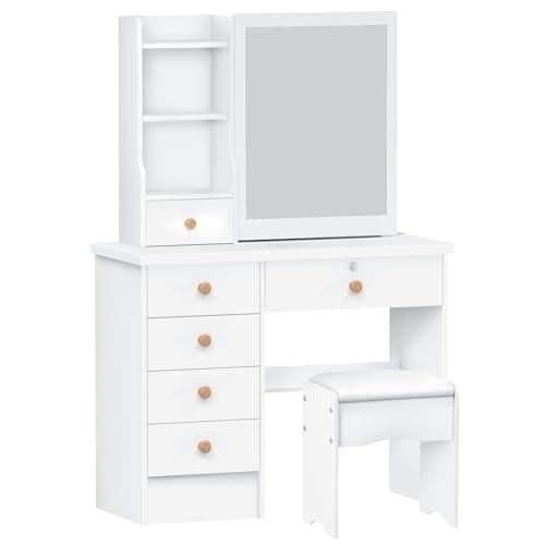 Image of balurukt Vanity Desk with Sliding Mirror,Makeup Table with 6 Drawers Multifunctional Makeup Writing Desk for Bedroom Hidden Storage Space Open Shelves,Style Simple Easy Assembly (White) White