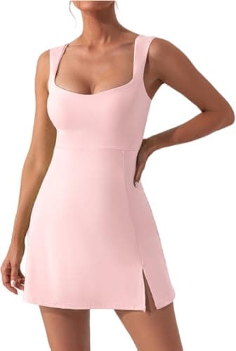 Image of Zesoyne Womens Tennis Dress Built in Bra Square Neck Sleeveless Workout Athletic Mini Short Dress Golf Summer Outfits XL Pink