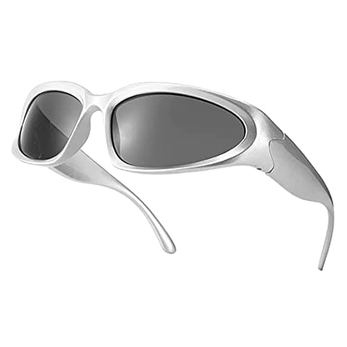 Image of YUELUQU Y2K Wrap Around Sunglasses Men's Women's Futuristic Outdoor Sports Sunshade UV400 Glasses (Silver Frame/Grey Lens)