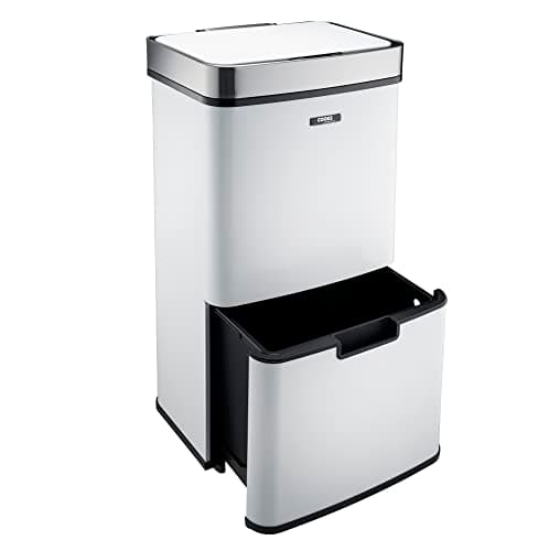 Image of Cooks Professional Recycling Sensor Bin 75L with Dual Compartments and Removable Food Caddy for Kitchen | Smart Automatic Brushed Stainless Steel Bins | White & Silver