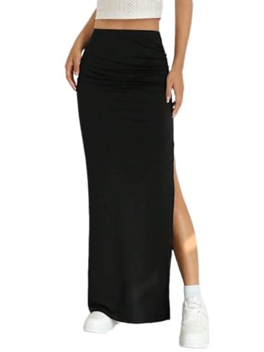 Image of GORGLITTER Women's High Split Ruched Pencil Maxi Skirt Slim Fit Casual Long Bodycon Skirts Plain Black XX-Large