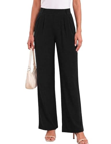 Image of Litherday Women's Stretch Palazzo Trousers High Waisted Dress Pants Waffle Texture Business Casual Long Wide Leg Bottoms with Pockets Black M