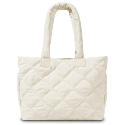 Image of soewten Puffer Tote Bag for Women, Quilted Bag with Zipper, Small Tote HandBags for Work, Travel, Beige