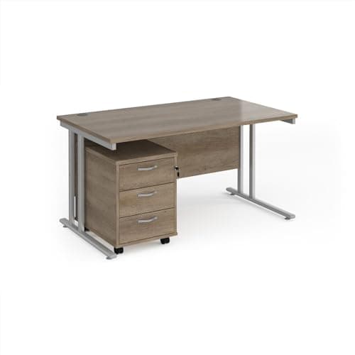 Image of Mr Office Maestro 25 straight desk - with silver cantilever frame and 3 drawer pedestal, Nebraska Oak, 1400