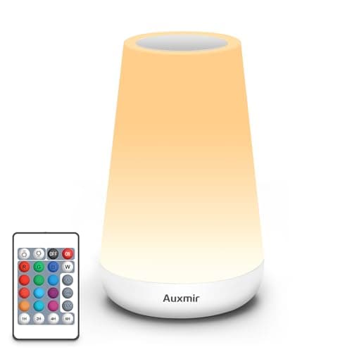 Image of Auxmir LED Touch Night Light, 2500mAh Rechargeable LED Bedside Table Lamp with RGB Color Changing, Dimmable Brightness, Remote Control, Portable Lamp for Bedroom, Living Room, White