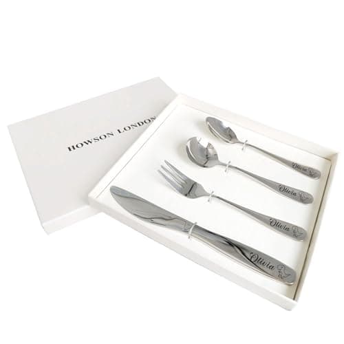 Image of EDSG Personalised Cutlery Set for Kids Childrens Toddler Cutlery Kids Cutlery Set with Any Name Custom 4pcs Engraved Knife Fork Spoon Stainless Steel Cutlery Gifts with Rabbit Bear Image(Dinosaur)