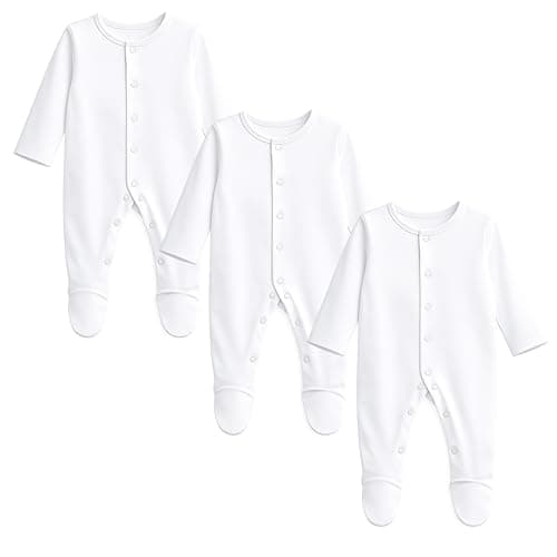 Image of Baby Sleepsuits 3 Pack Baby Grow Cotton White Girl Boy (White Sleepsuits 3 Pack, 0-3 Months)