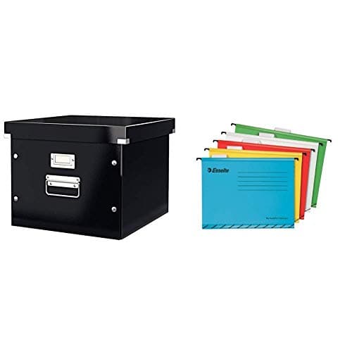 Image of Leitz Suspension File Box, A4, Click and Store Range 60460095 - Black & Esselte 93042 Classic A4 Vertical Suspension Files - Assorted Colours, Pack of 10