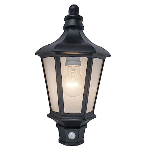 Image of Black & Clear Glass Panel Outdoor Vintage Half Coach Lantern Flush Wall Light with PIR | IP44 Rated | 37cm Height | 1 x ES E27 Lamp Required | Garden - Patio - Driveway | UK Approved | Aluminium