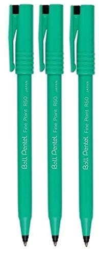 Image of Pentel Black R50 Rollerball Ball Pen Pens Fine 0.8mm Cushioned Nib Tip 0.4mm Line Width 77% Recycled (Pack Of 3)