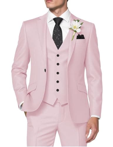 Image of Huutoe Men’s 3-Piece Suit, Slim Fit for Work, Wedding, Prom – One-Button Blazer Jacket, Waistcoat, Trousers – Dinner Jacket, Light pink, M