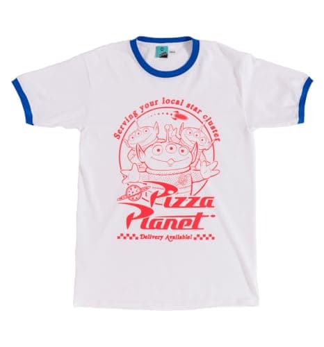 Image of TruffleShuffle Disney Toy Story Pizza Planet Aliens White and Blue Ringer T Shirt