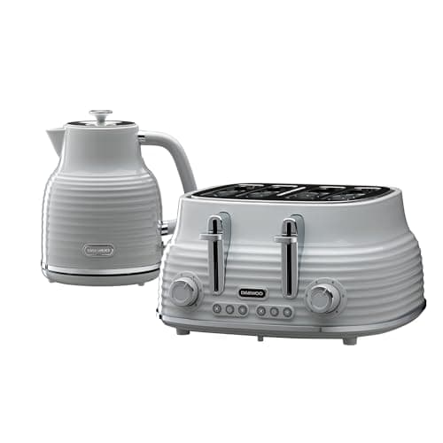 Image of Daewoo Sienna Kettle and Toaster Set, 1.7L 3KW Rapid Boil Kettle & 4 Slice Wide Slot Toaster, Defrost, Reheat, Browning Control, Stylish Grey Breakfast Bundle