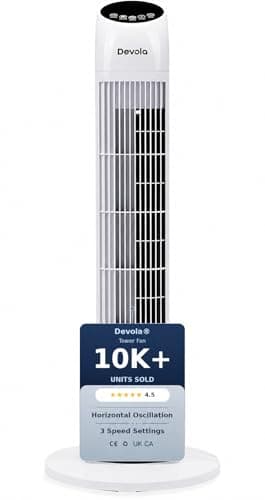 Image of Devola Tower Fan with Remote Control 33-Inch | Quiet Cooling Fan, Oscillating & Standing Silent Electric Floor Fan for Bedrooms, Home & Office | 3 Speeds, 3 Modes, 12H Timer - DV33TFWH (White)