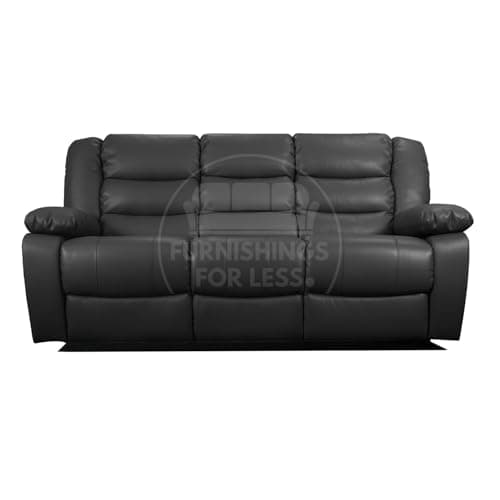 Image of Furnishings For Less UK Venice leather Aire Black 3 Seater Manual Reclining Sofa High Back Padded Arms + Cup Holder (Black, 3 Seater Sofa)