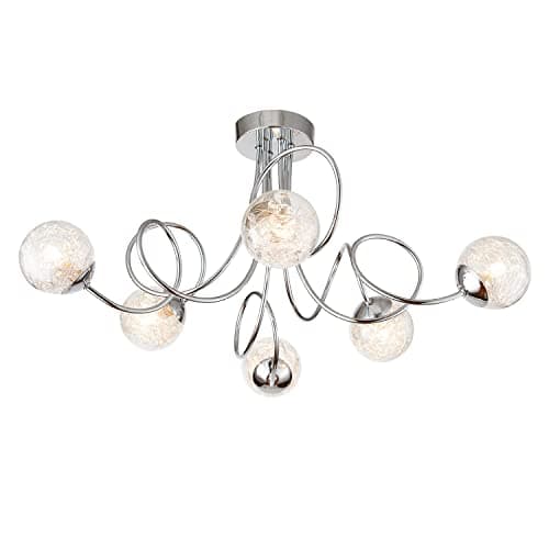 Image of Alcott 6 Way Spiral Silver Chrome Semi Flush Ceiling Light - Twisted Arm Ceiling Lights - Glass Globe Ceiling Lights Living Room - LED Light Fittings - Steel and Glass Chandelier