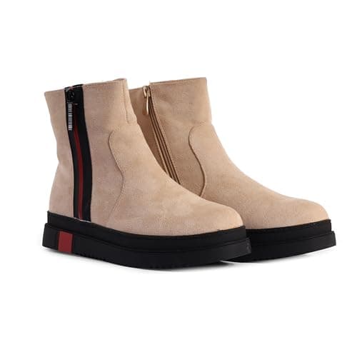 Image of Women’s Ankle Boots | Faux Suede Zip-Up Flat Boots with Chunky Sole – Everyday Casual Footwear (Beige, UK5)