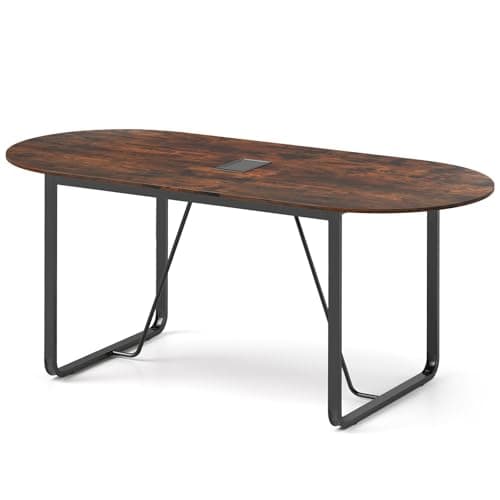 Image of COSTWAY 180cm/240cm Oval Conference Table, Metal Frame Computer Desk with Cable Management Hole, Large Meeting Table Writing Workstation for Home Office (180 x 90 x 76 cm)