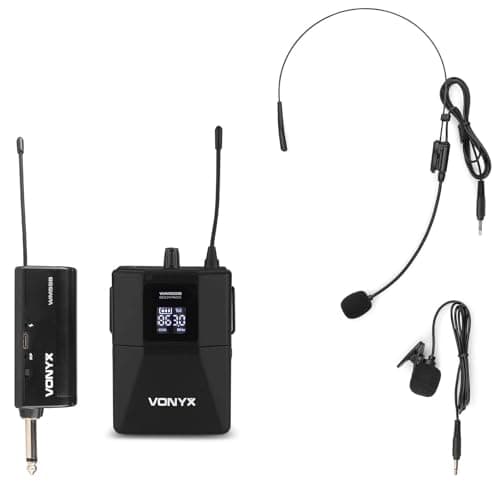 Image of VONYX WM55B Wireless Headset Microphone System, UHF Mic Set with Bodypack Transmitter, Plug-In Receiver, Tie-Clip & Headworn Mics, 50m Range for Speech, Fitness & Presentations, Black
