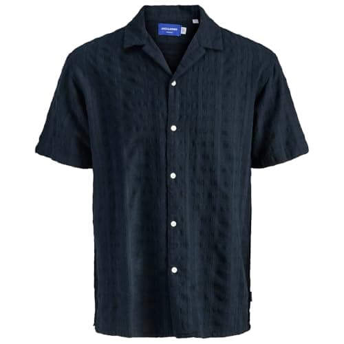 Image of JACK & JONES Mens Jacquard Shirt Short Sleeve Resort Collar Cotton Summer Casual Wear Black