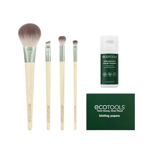 Image of EcoTools Limited Edition Merry Must-Haves Kit, Face & Eyeshadow Makeup Brushes, Brush Shampoo & Cleanser, Blotting Papers for Matte Makeup, Eco-Friendly, 6 Piece Gift Set